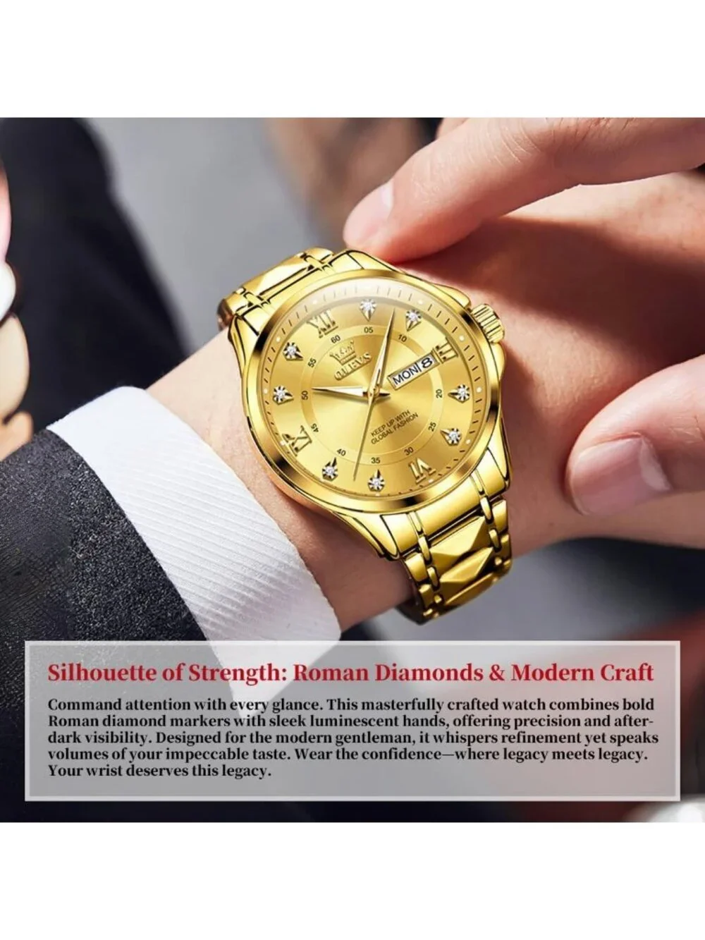 Olevs Men's Gold Stainless Steel Analog Quartz Waterproof Luminous Wrist Watch